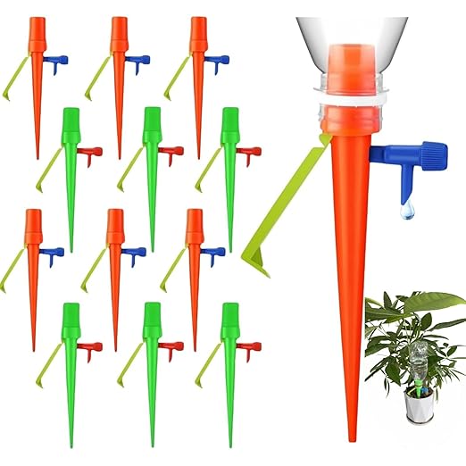 Upgrade Plant Self Watering Spikes Devices, Automatic Watering System with Slow Release Control Valve Switch, Plant Drip Irrigation System for Outdoor & Indoor Plants (12 PCS, Green+Orange)