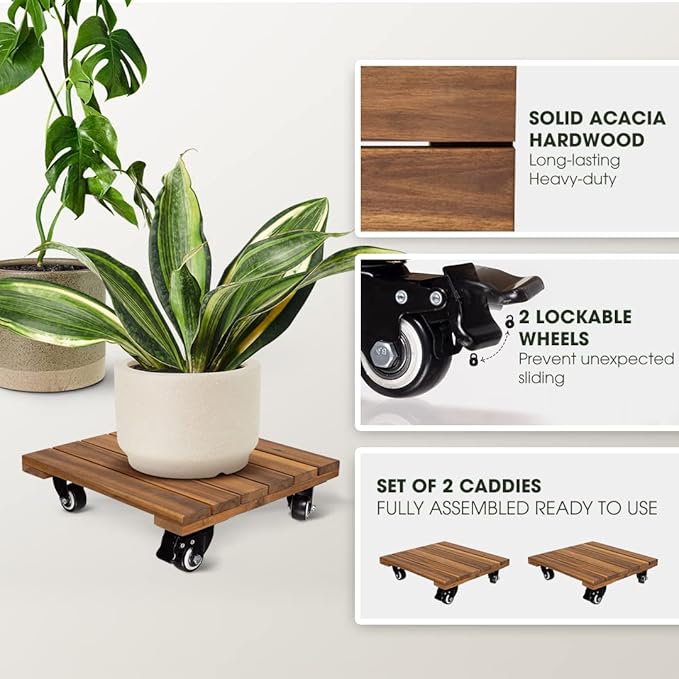 Idzo 2-Pack 12 Inch Acacia Wood Rolling Square Plant Caddy for Plant Pots, Heavy Duty Plant Stand with 360° Lockable Wheels, 264 lbs Capacity Caddy for Indoor and Outdoor Use, Natural Wood