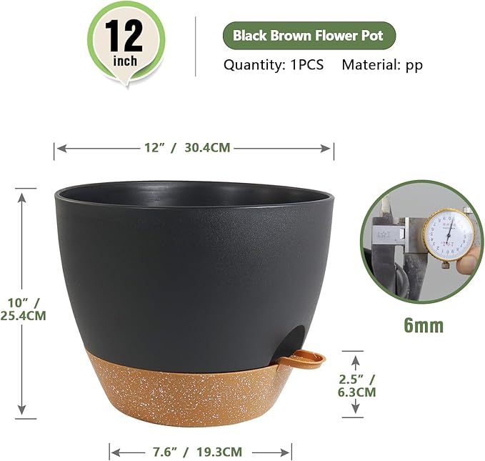 12 inch Large Self Watering Pots, Plant Pots with Mesh Drainage Holes for Indoor Outdoor Plants, Plastic Planters with Deep Reservoir for Garden House Flower Plants, Black with Brown