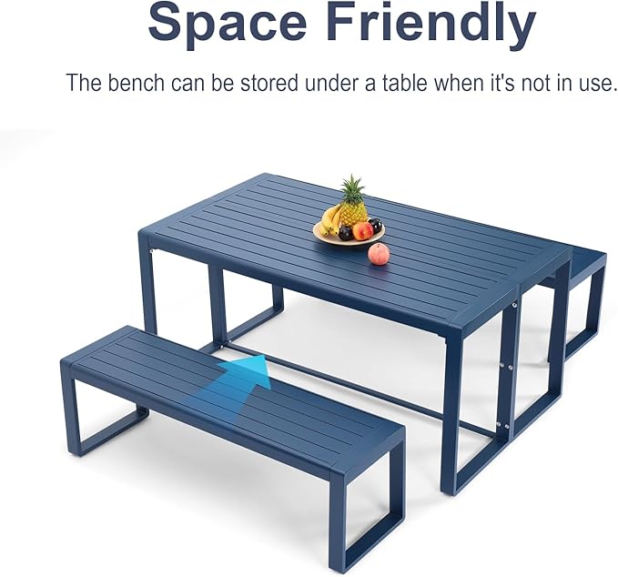 Aoodor 3-Piece Outdoor Patio Dining Set, Aluminum Furniture Set with 1 Rectangular Picnic Table and 2 Benches for Garden, Lawn, Yard