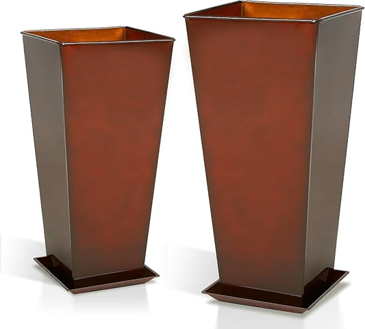 WORTH Garden Large Metal Glazed Planter Set of 2 (25" + 28"), Luxurious Glossy Finish Red Tall Square Tapered Steel Plant Pot, Decor Flower Pot Indoor & Outdoor, Drainage Hole & Dual-Purpose Saucer