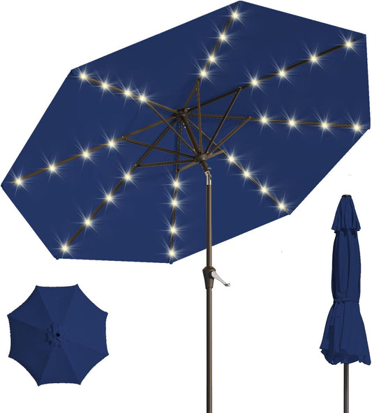 9FT Solar Umbrella 32 LED Lighted Patio Umbrella Table Market Umbrella w/Tilt and Crank, UV-Resistant Outdoor Umbrella for Pool, Garden, Deck, Navy Blue