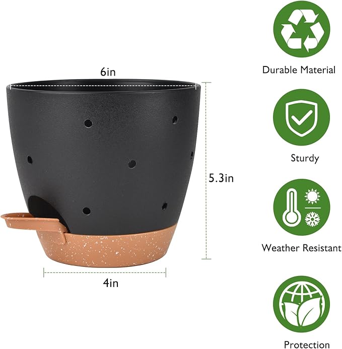 6 Inch Orchid Pots with Holes, 2 Pack Self Watering Planters for Orchids Plastic Orchid Pot Plant Flower Pots for Orchids Indoor Outdoor (Black with Brown)