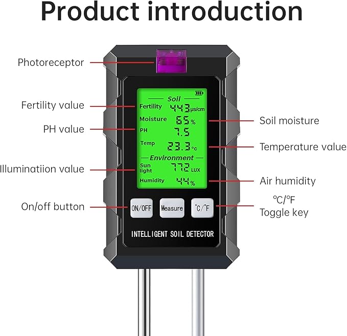 6-in-1 Soil Moisture Meter, Soil Test Kit with Soil Moisture/pH Meter/Temperature/Sunlight/Air Humidity/Soil Fertility, Soil Tester for Farming, Gardening and Outdoor Plants (2*AAA Battery Needed)