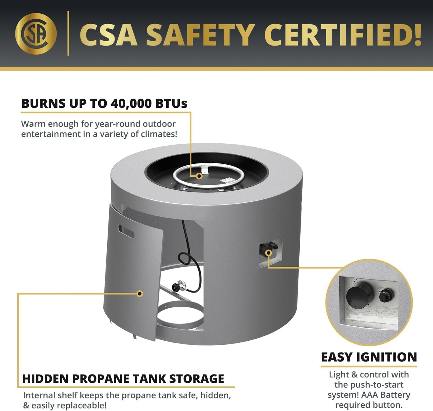 32 Inch Propane Outdoor Fire Pit Table, Round Patio Fire Table 50,000 BTU w/Lid, Lava Rocks, Weatherproof Cover, Alloy Steel Propane Fire Pit Table for Deck, Backyard and Pool, CSA Certified, Gray