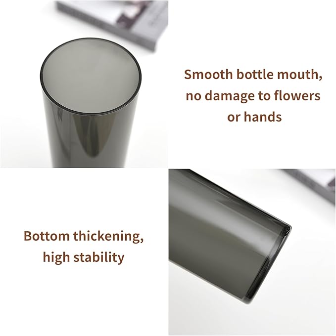 Flower Vase, Non-breakable Vases, 4" W x 12" H, Acrylic Grey Vase, Aesthetic Room Decor Cylindrical Modern Flower Vases for Table Centerpiece, Home Decor, Women Floral Arrangement Gift
