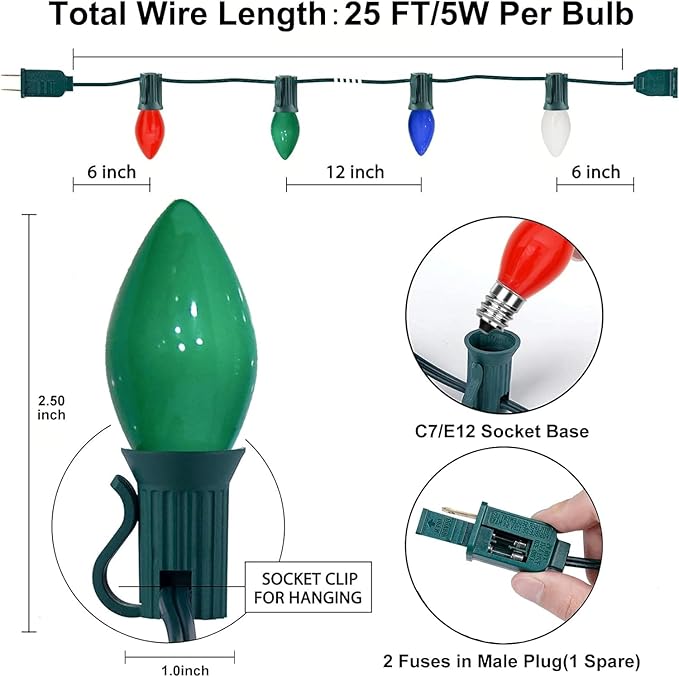 25Ft Multicolor Christmas Lights C7 Vintage Christmas String Lights with 27 Multicolor Ceramic Bulbs (2 Spare), Hanging Outdoor String Lights for Christmas Holiday Wedding Party Garden Decor- Green