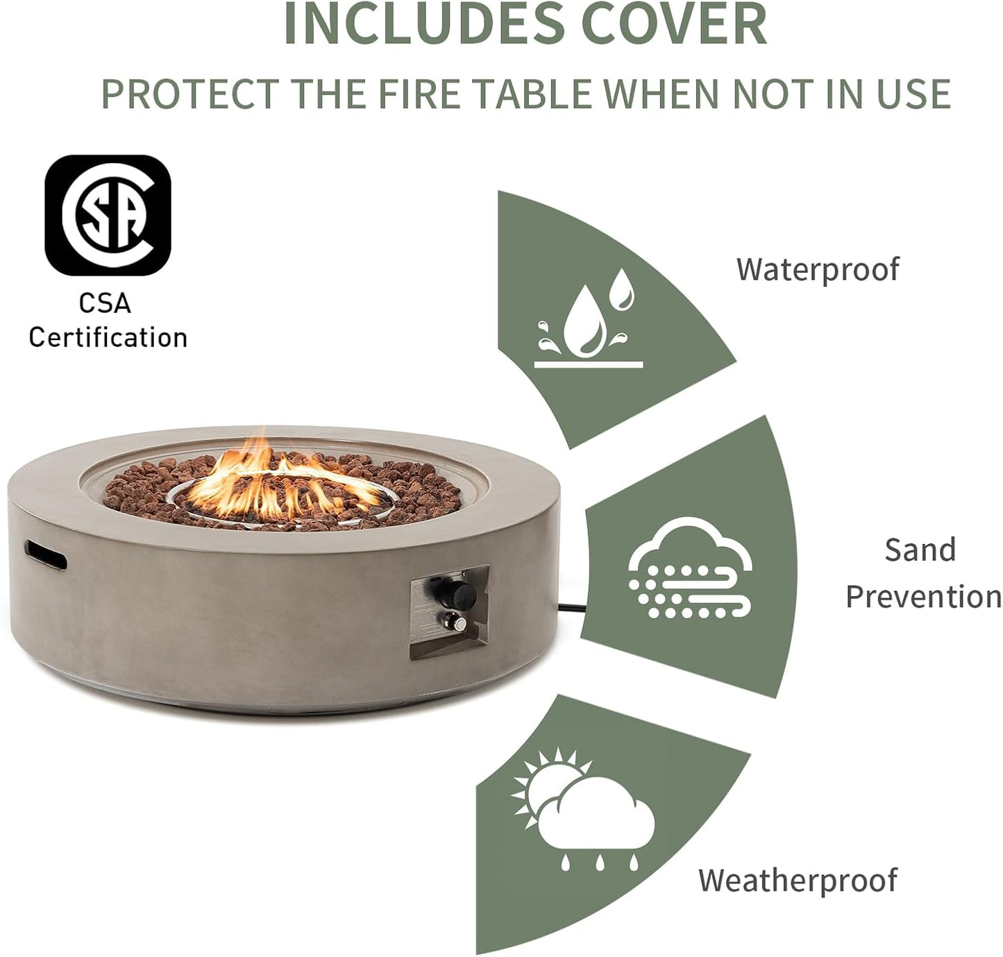 COSIEST 42 inch Outdoor Propane Fire Pit Coffee Table w Concrete Round Base Patio Heater, 50,000 BTU Stainless Steel Burner, Free Lava Rocks, Rain Cover(Gray)