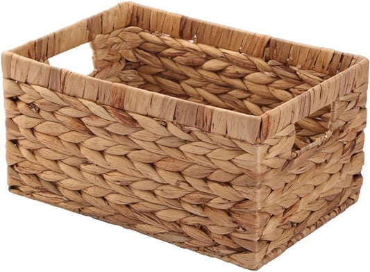 Basket Box Woven Natural Water hyacinth Rectangular with Handle,Kingwillow.(Small)