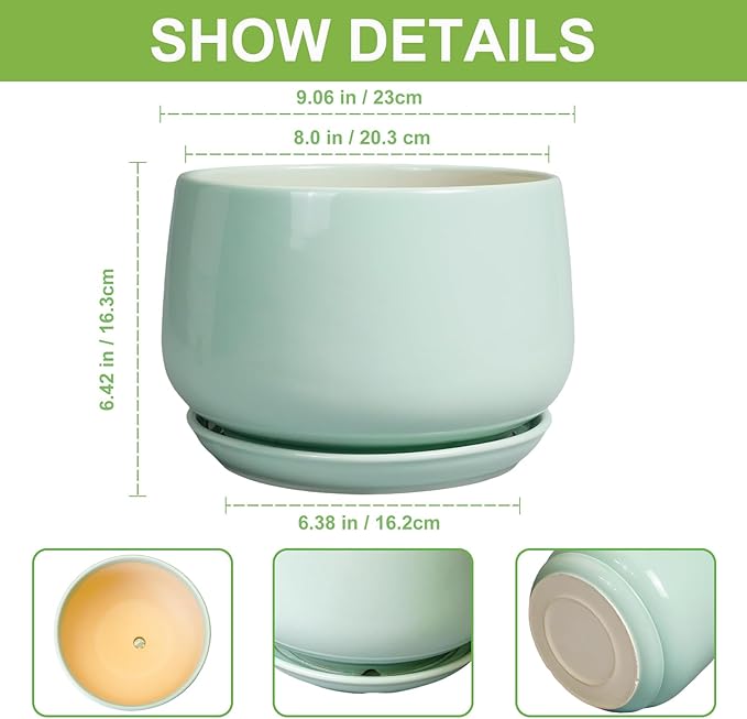 G EPGardening Ceramic Pots for Plants - 9 Inch Ceramic Planter with Drainage and Saucer, Round Planter for Indoor Outdoor Plants, Modern Flower Pots, Garden Decor, Birthday Gifts, Green
