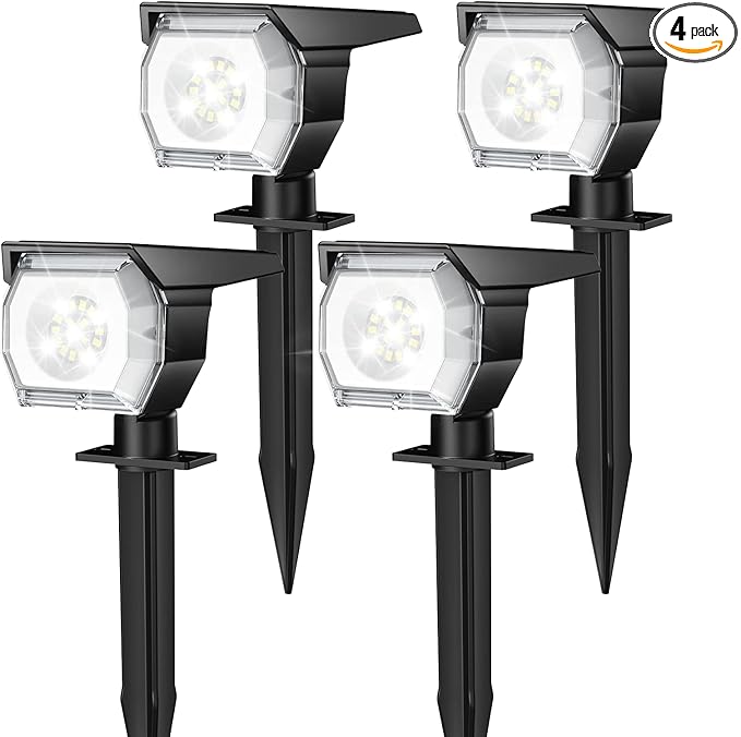 EIUIO Solar Outdoor Lights, Solar Lights Outdoor Waterproof, Solar Spot Lights Outdoor with Auto On/Off and 3 Lighting Modes, Outdoor Lights for Garden Decor, Outdoor Decor, 4 Pack(Cool White)