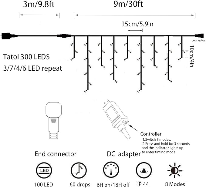 YASENN 300Led Icicle Style String Lights 29.5FT,Update Connectable 8 Lighting Modes with Timer Icicle Lights for Home Garden Outdoor Indoor Eave Decor (Blue and White LED White Cable)