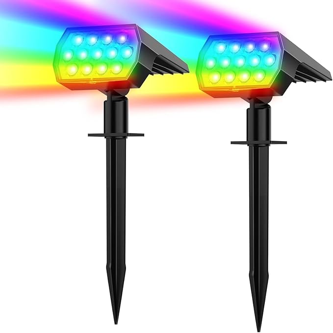 WELALO Solar Color Changing Spot Lights Outdoor, Waterproof Solar Christmas Lights with 7 Modes, Multicolor RGB Landscape Spotlights for Garden Yard Driveway Lawn Patio Pathway Decorations, 2 Pack