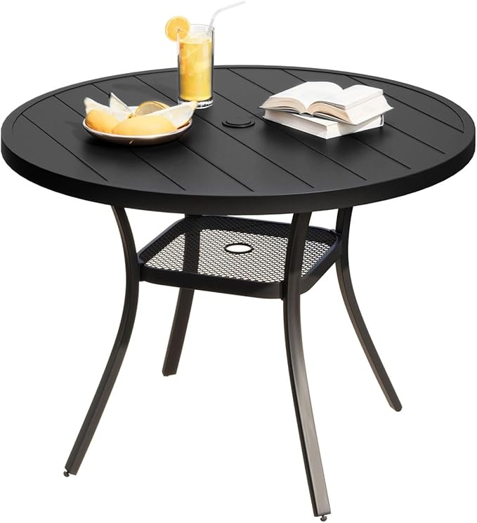 DIFY Outdoor Dining Table for 4, Round Patio Table with Umbrella Hole for Garden, Backyard and Porch (Black)