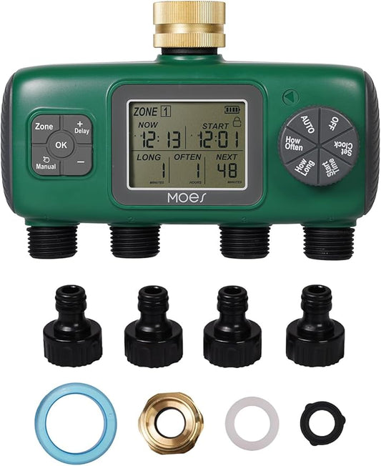 MOES 4 Outlet Sprinkler Timer, Brass Inlet, Programmable Automatic Irrigation Controller, Rain Delay, Manual Watering, 4 Zone Water Hose Timer for Gardens, Lawns, and Hose Systems