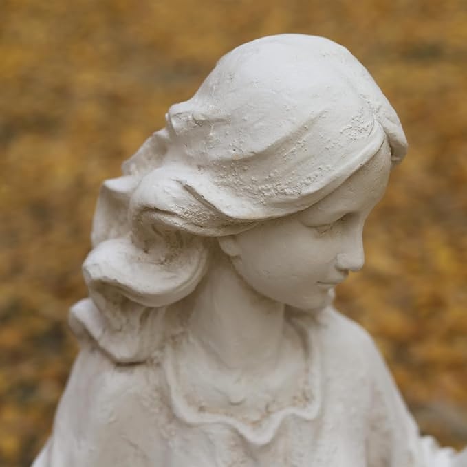 Garden Outdoor Nymph Statue Girl Maid Statue 40 Inch with Birdbath Bird Bath Bowl Magnesium Oxide Sculpture Patio Yard Lawn Decor Ivory