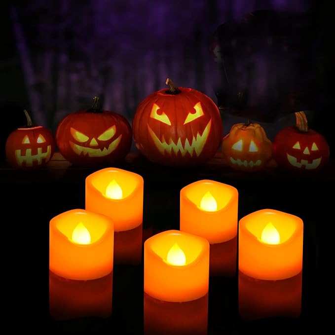 CANDLE CHOICE Battery Operated Flameless Tea Lights Orange Flickering LED Electric Fake Votive Tealight Candles Halloween Pumpkin Thanksgiving Christmas Decorations Centerpieces 24 Pack Batteries Incl