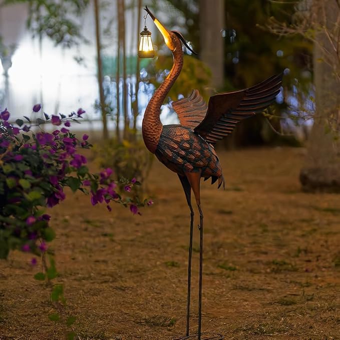 48'' Heron Garden Statue, Large Crane Outdoor Statue with Solar Lantern, Crane Bird Metal Yard Art for Outside Backyard, Pond, Porch Decor