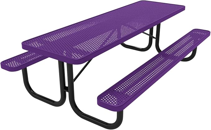 Coated Outdoor Furniture Heavy-Duty Portable Outdoor Picnic Table, Thermoplastic Coated Punched Steel Commercial-Grade Patio Dining Furniture Made in America (8ft Rectangular, Purple)