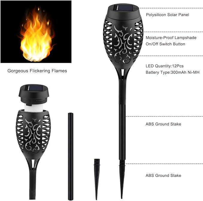 Kurifier 12Pack Flickering Flame Solar Torch Lights for Garden Decor, Waterproof Solar Lights Outdoor Decorative, Outdoor Decorations for Yard Porch Lawn Patio Outside Decor-Luces Solares para Jardin