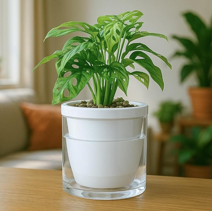 D'vine Dev 6 Inch Design Self Watering Planter for Indoor Plants, White Terracotta Pots with Cylinder Glass Cup, 37-X-B-2