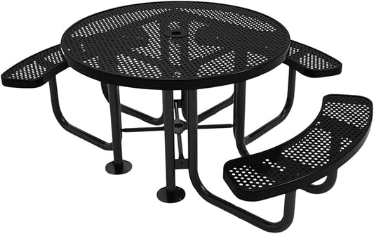 Heavy-Duty Portable Outdoor Picnic Table with Umbrella Hole, Punched Steel Patio Dining Furniture Made in America (46" Round Top, Textured Black)