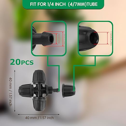 Drip Irrigation Fittings for 1/4 inch Tubing (0.16" ID x 0.28" OD), 20 Pcs Anti-Drop Locked Barbed Reducing 4-Way Coupling for Drip Line Connectors