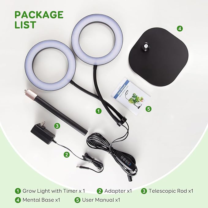 Dual Heads Grow Lights for Indoor Plant Full Spectrum, Desk Halo Plant Lights for Indoor Growing with 3/9/12 Timer, 5 Dimmable Levels,Height Adjustable 9.4-23.6",Strong Metal Base Happy Light