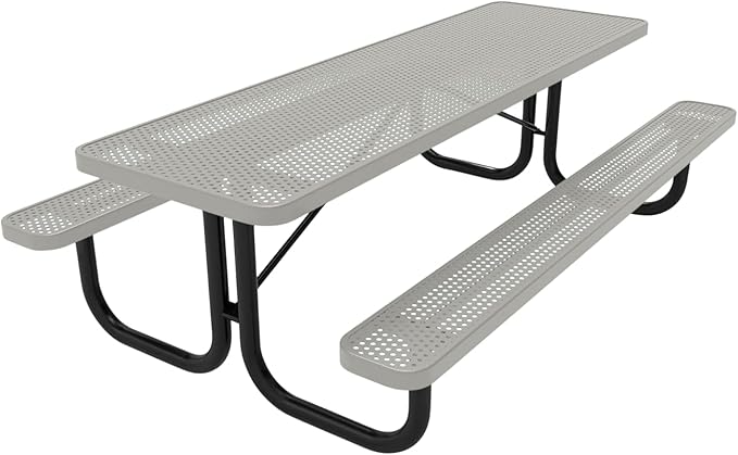 Coated Outdoor Furniture Heavy-Duty Portable Outdoor Picnic Table, Thermoplastic Coated Punched Steel Commercial-Grade Patio Dining Furniture Made in America (8ft Rectangular, Textured Grey)