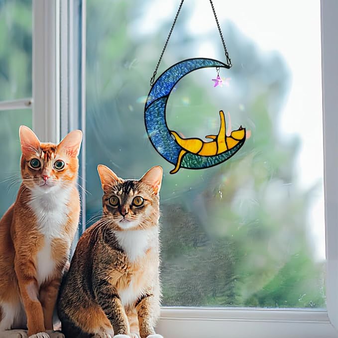 BOXCASA Orange Cat Suncatchers for Windows Hanging,Stained Glass Cat on Moon,Crystal Suncatcher Prism Hanging,Cat Gifts for Women Mom Cat Lovers
