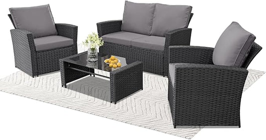 4 Piece Outdoor Patio Furniture Set,Wicker Conversation Sets Outdoor Sectional Patio Sofa Couch with Cushions & Coffee Table for Outside, Garden, Balcony, Porch,Black/Grey