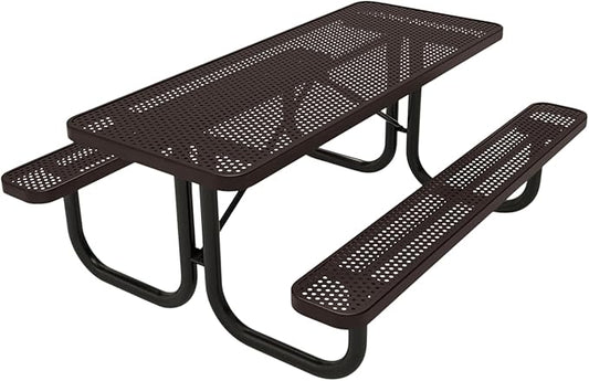 Coated Outdoor Furniture Heavy-Duty Portable Outdoor Picnic Table, Thermoplastic Coated Punched Steel Commercial-Grade Patio Dining Furniture Made in America (6ft Rectangular, Brown)