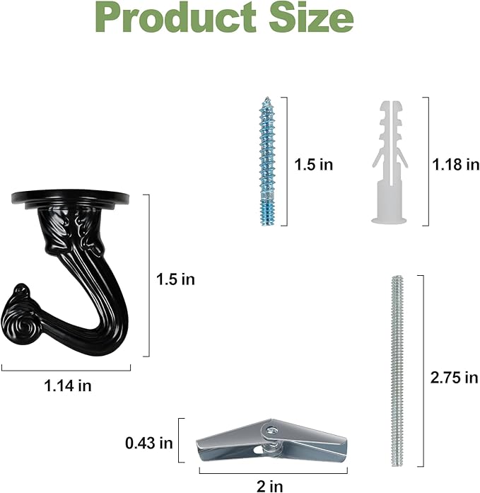 Ceiling Swag Hook Sets - Heavy Duty Hooks with Mounting Hardware for Hanging Plant, Ceiling or Extender Chains - Easy Install with Screws/Brackets (10 pcs - Black)