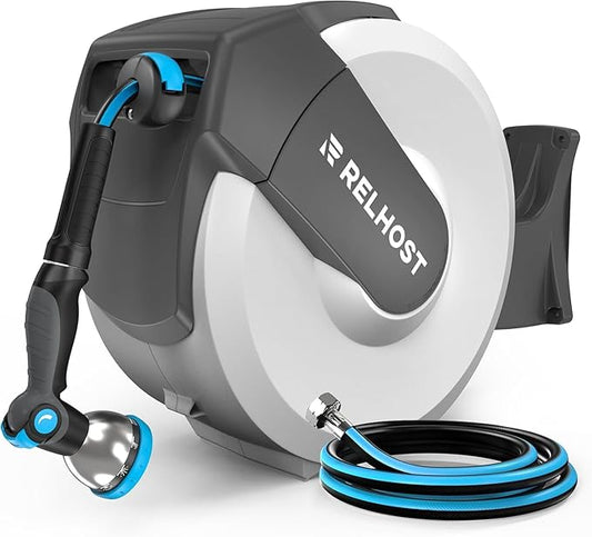 Retractable Garden Hose Reel - 100 ft x 5/8 in Heavy Duty Wall Mount with Auto Rewind, Any Length Lock, 180° Swivel Bracket & 10-Pattern Nozzle (White & Grey)