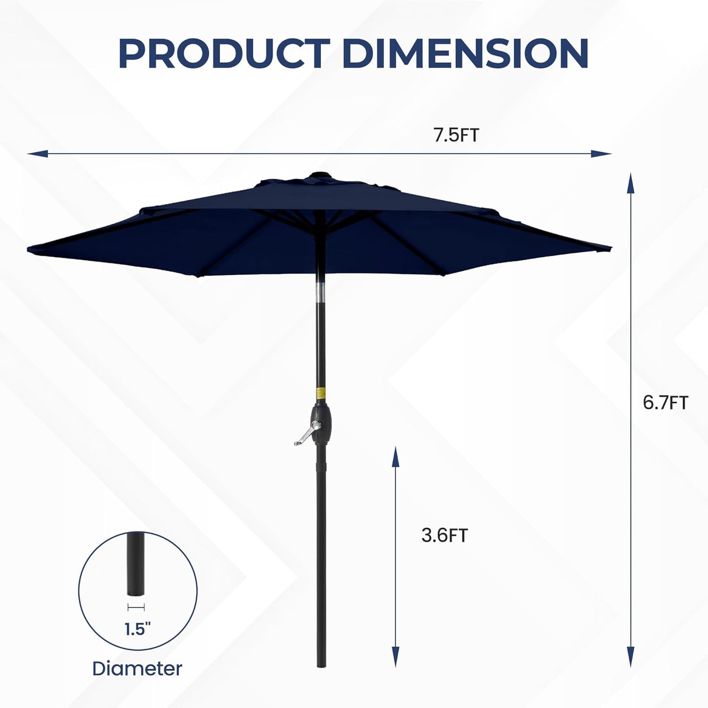 Aok Garden 7.5 ft Patio Umbrella Outdoor Market Umbrella Tilt Button and Crank 6 Ribs for Deck Lawn Pool& Backyard