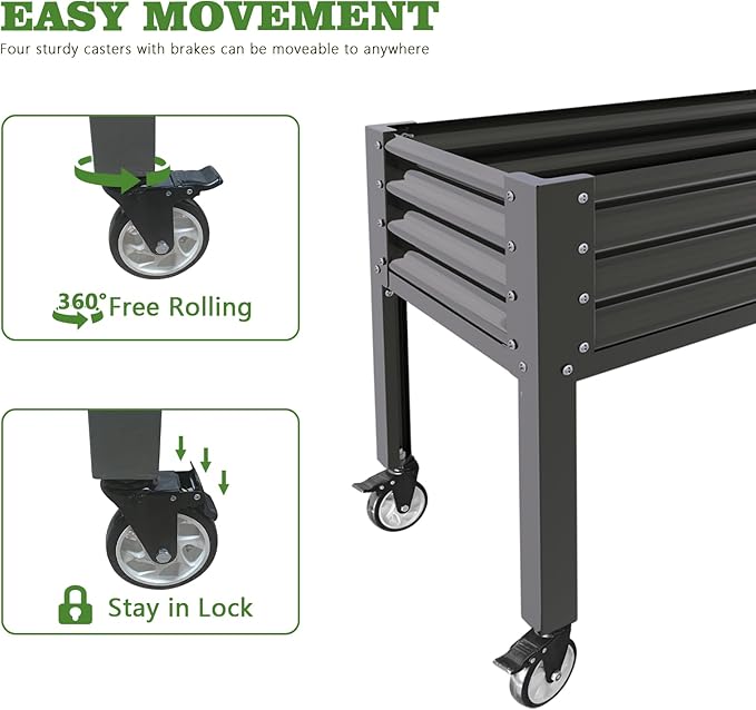 A ANLEOLIFE Galvanized Raised Garden Bed with Legs,48x24x35in Large Elevated Planter Box on Wheels with Drainage Holes for Backyard, Balcony, Patio, 600lb Capacity, Quartz Grey