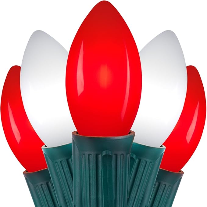 C9 LED Christmas Lights Outdoor, 50 Feet String with 50 Shatterproof Matte Bulbs, Connectable Waterproof Tree Lights for Holiday Roofline Backyard Garden Decor, Red & Pure White