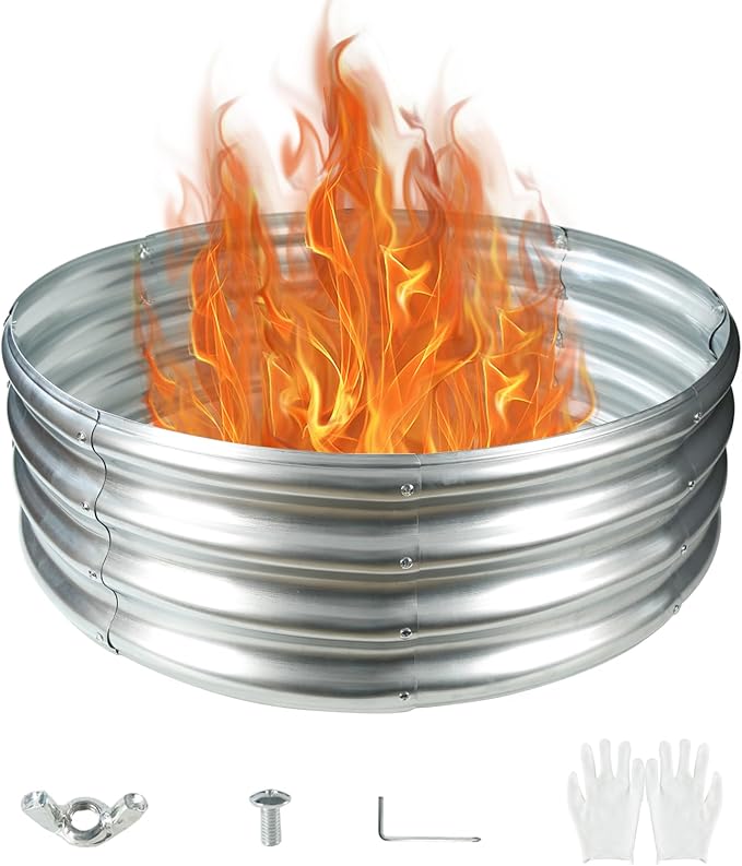 Durable Round Galvanized Steel Raised Garden Bed for Planting,Round Galvanized Steel Fire Ring/Fir Pit 32-Inch for Outdoor,0.8MM Thick (32 ins Diameter x 12 ins high, Silver)