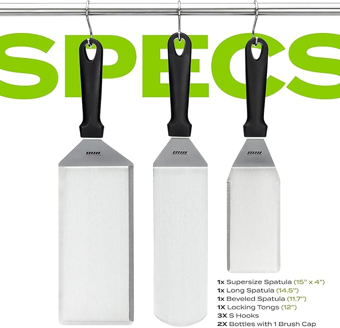 Griddle Accessories Kit for Blackstone and Camp Chef - 6 Pieces Griddle Spatula Set with 4x8 Inches Supersize Griddle Flipper, Turner, Metal Spatulas, Bottles & Hooks for Hibachi Grilling