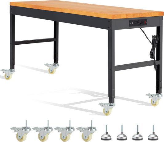 HABUTWAY Height Adjustable Workbench with Wheels 60" 2000 Lbs Capacity Solid Wood Work Station Heavy-Duty Rolling Work Tables for Garage Party Shop Office