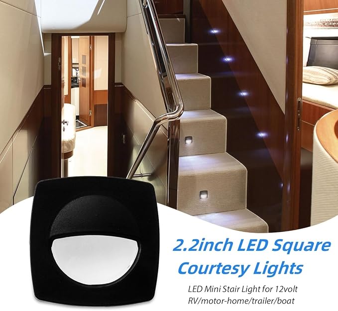Dream lighting 12volt LED Black Recessed Companion Way Courtesy Light for Marine Ship Boat Cabin, RV Stair Step Light, Exterior Patio Garden Landscape Lighting –Square, Cool White, Pack of 6