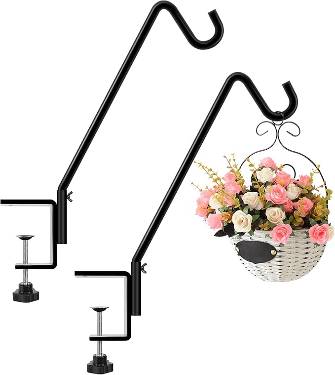 FEED GARDEN 2 Pack 14 Inch Deck Hook,Solid Steel Deck Hangers for Bird Feeders,Lanterns, Flower Basket and Suet Baskets with Clamp,Black