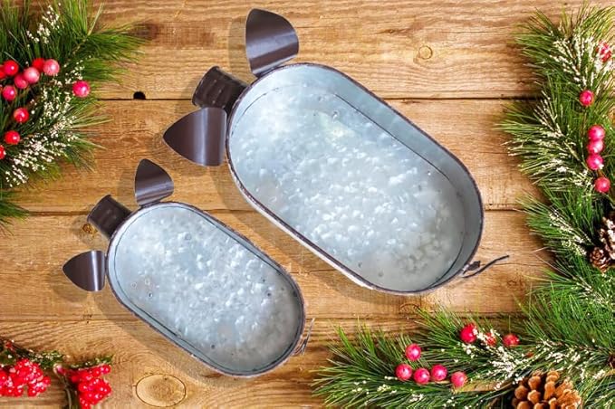 Galvanized Metal White Washed Farmhouse Pig Tray Distressed Pig Tabletop Centerpiece Décor Set of 2