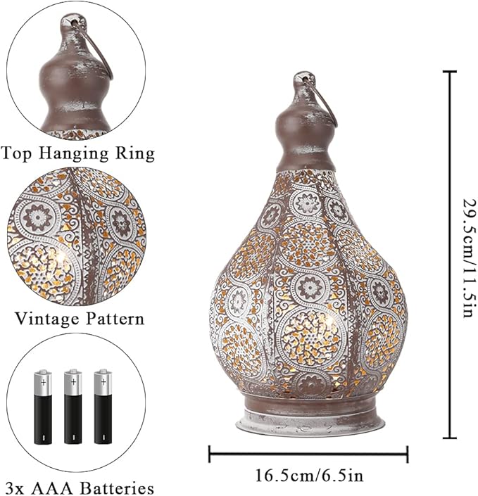 JHY DESIGN Moroccan Style Vintage Lantern Metal Table Lamp Battery Powered 11.5" Tall Cordless Lamp Desk Lamp with Edison Bulb for Living Room Bedroom Weddings Parties Garden Lounge Outdoor Indoor