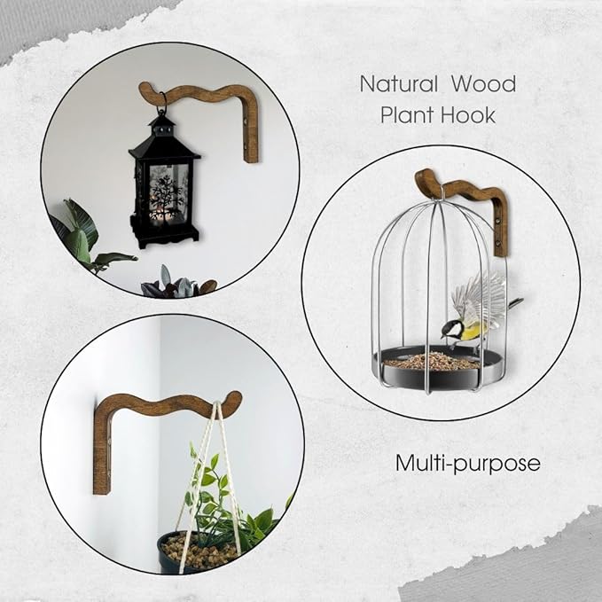 2-Piece Set of Wavy Wooden Wall Planters for Indoor Plants 6 Inch - Natural Plant Hook for Wall Plant, Wind Chimes, Flower Brackets, Patio Garden Decorations - Bracket Plant Hanger (Walnut)