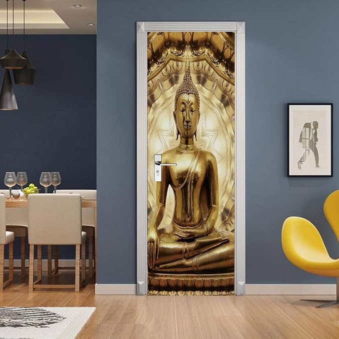 3D Door Stickers Murals - Buddha Statue - Peel & Stick Wallpaper - Self-Adhesive Decals - Removable PVC Waterproof Door Poster - 37.4" x 84.6" for Bedroom & Living Room