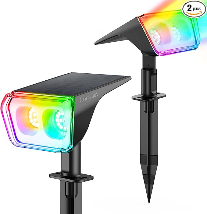 Consciot Solar Spot Lights Outdoor, 30 LEDs Waterproof Color Changing Solar Lights, 2 in 1 Adjustable Wall Lights, 10 Colors, D2D Modes Solar Landscape Spotlights for Garden Yard Walkway, 2 Pack
