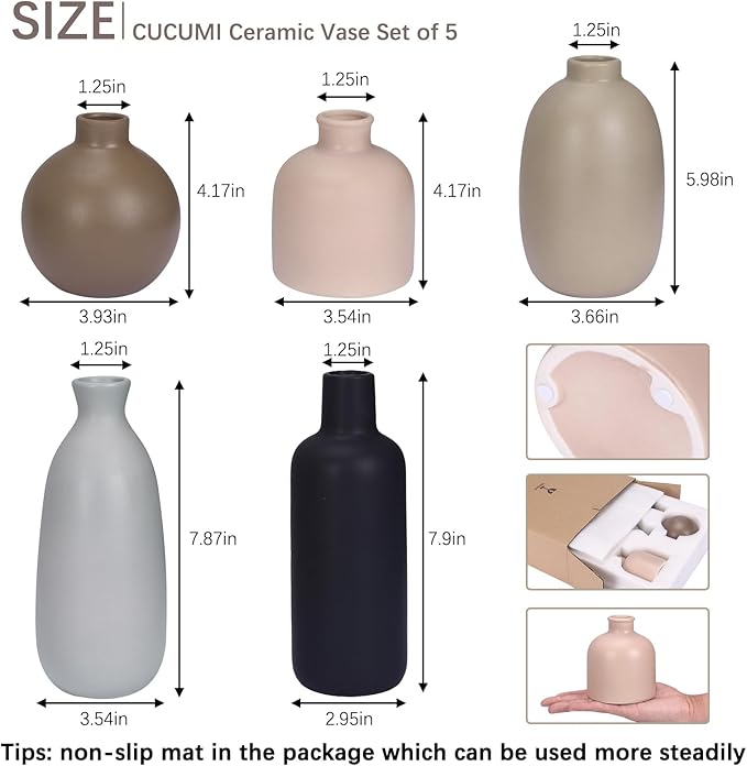 CUCUMI Ceramic Vase Set of 5, Home Decor Farmhouse Décor Handmade Pottery Vases for Pampas Grass, Dried Fresh Flowers, Table, Living Room, Kitchen, Shelf, Entryway Mantel Neutral Tones