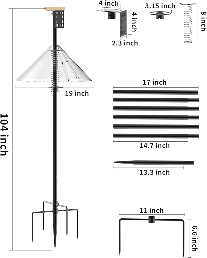 Bird Feeder Pole with Squirrel Baffle - 104 Inch Bird House Pole for Outdoors Heavy Duty, Squirrel Proof Baffle with Stainless Steel Spring for Better Defense, Slip-Fit Connection