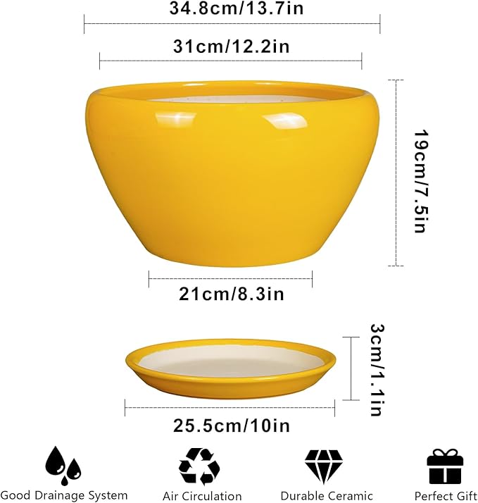 Ceramic Planter for Indoor Plants - 13 Inch Mid-Century Decorative Modern Large Plant Pot with Drainage Hole and Saucer, Home Balcony House Garden Patio Room Office Decor, Yellow